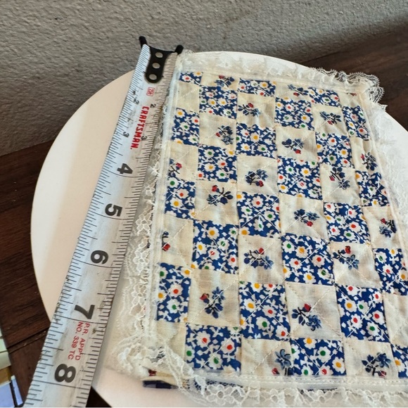 Vintage handmade dollhouse size quilt blue squares floral design lace trim - Picture 3 of 4